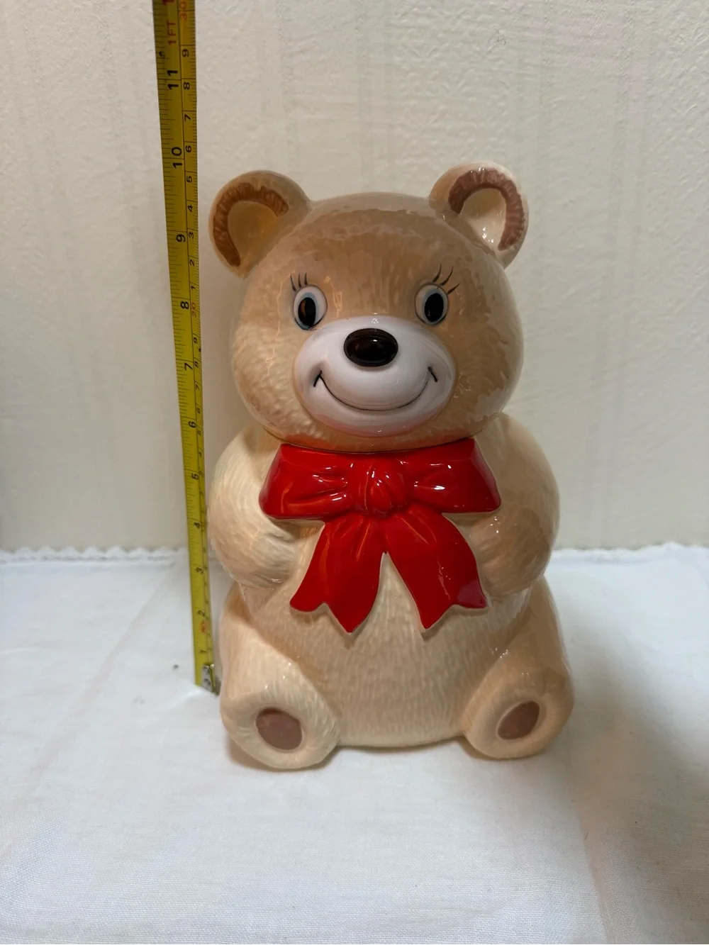 Japan Ceramic Pottery Teddy Bear Jar Beige Red Bow Glossy Finish 9 in